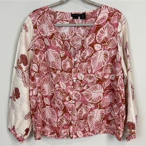 Tahari Linen Palm Leaf Button Down Top M